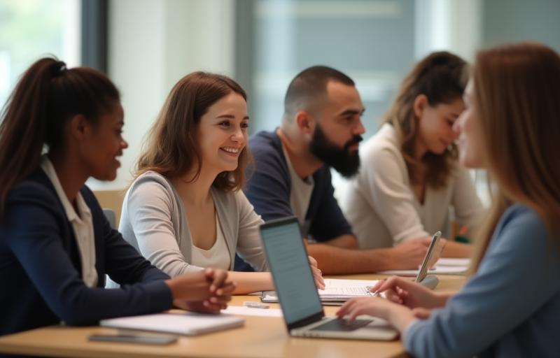 Diverse group of people in a modern classroom setting